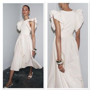 NWT Zara Belted Ruffle Mixed Midi Dress Sz:XL Ecru